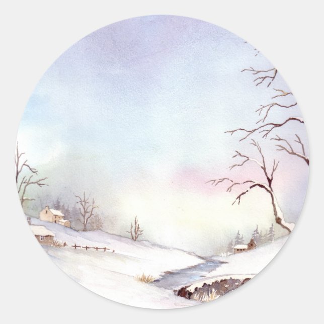 Sticker Rond Snowy Bridge Watercolor Landscape (Devant)