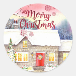 Sticker Rond Snowy Cottage Watercolor Painting