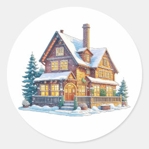 Sticker Rond Snowy Log Cabine Noël