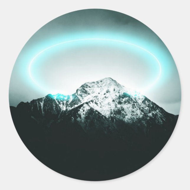 Sticker Rond Snowy mountain mysterious blue neon light (Devant)