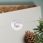 Sticker Rond Snowy Village Return Address<br><div class="desc">A cozy holiday return address label design with cute hygge vibes,  featuring a snowy Christmas village scene. Personalize with your family name and address.</div>