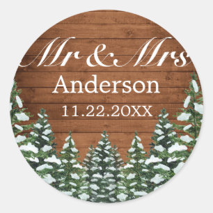 Sticker Rond Snowy Wood & Forest Country Pine MR MRS Mariage
