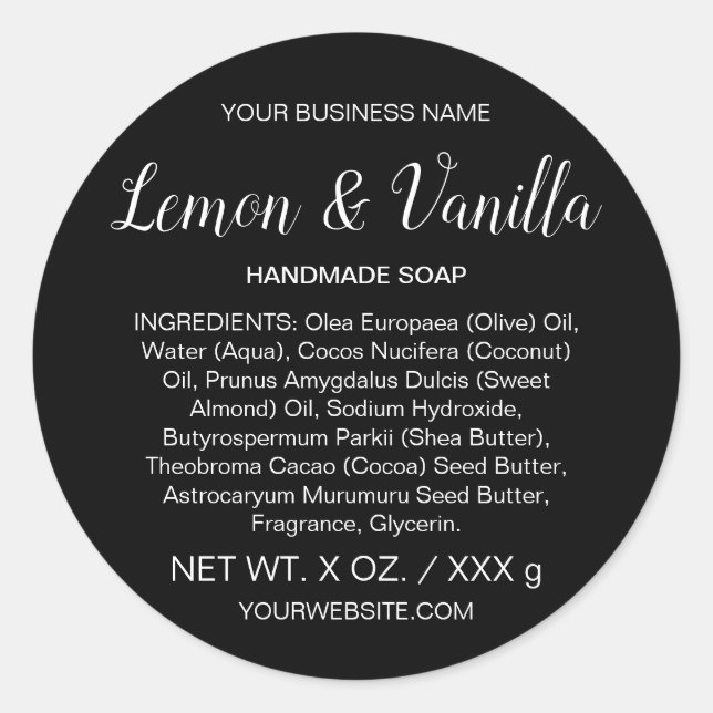 Sticker Rond Soap or Skincare Handmade Black Product Label (Devant)
