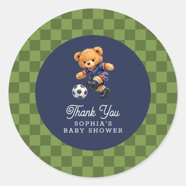 Sticker Rond Soccer Teddy Bear Checkboard Retro Baby Shower (Devant)