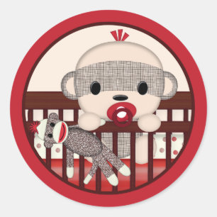 Sticker Rond SOCK MONKEY Baby shower Lit Sceau rond GARÇON
