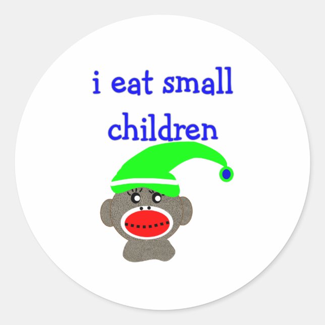 Sticker Rond Sock Monkey "I MANGE PETITS ENFANTS" (Devant)