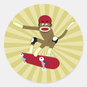 Sticker Rond Sock Monkey Skateboarder