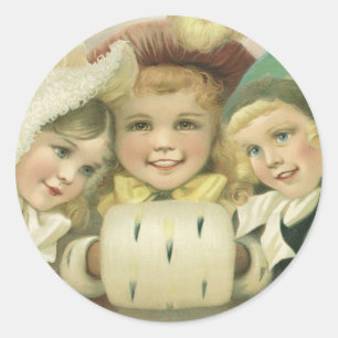 Sticker Rond Soeurs de Noël Vintage, Enfants Victoriens