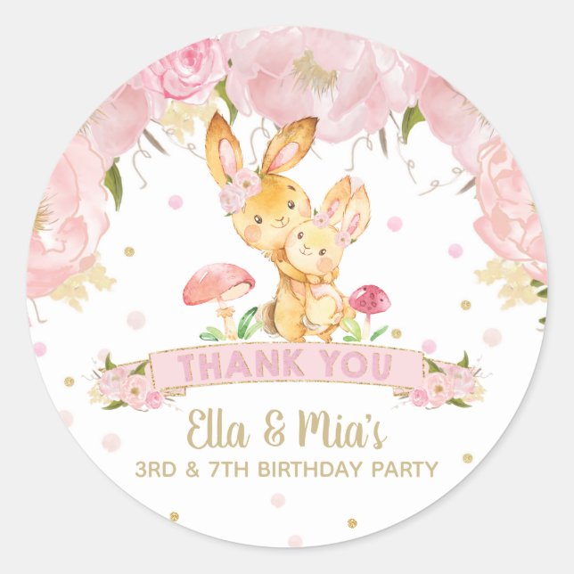 Sticker Rond Soeurs mixtes lapin rose Floral Anniversaire Merci (Devant)