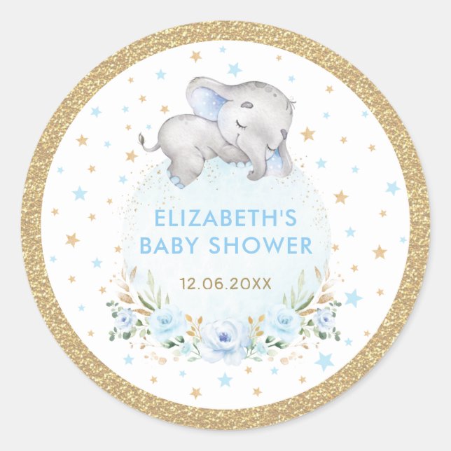 Sticker Rond Soft Blue Gold Boy Elephant Baby shower Faveurs (Devant)