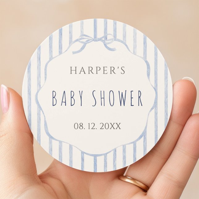 Sticker Rond Soft Blue Stripes with Frame Baby Shower  (Créateur téléchargé)