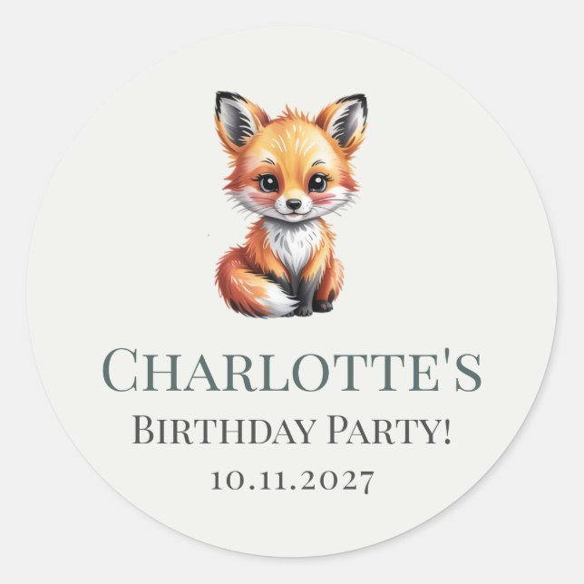 Sticker Rond Soft Boho Green Woodland Fox Anniversaire avec nom (Devant)