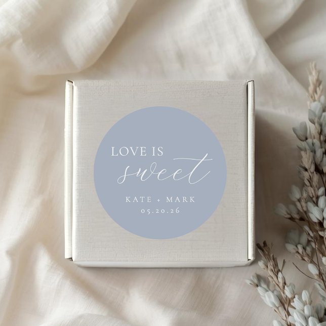 Sticker Rond Soft Dusty Blue Love Is Sweet Wedding Favor (Créateur téléchargé)