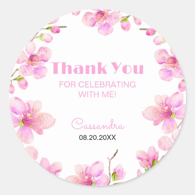 Sticker Rond Soft Pastel Rose Cerise Fleur Sakura Anniversaire (Devant)