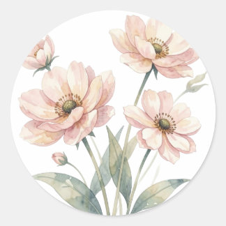 Sticker Rond Soft Pink Floral Watercolor Bouquet Art