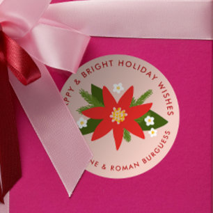Sticker Rond Soft rose rouge Poinsettia cadeau de Noël