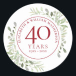 Sticker Rond Soft Watercolour Leaves 40th Anniversary<br><div class="desc">Doté de délicats feuilles d'aquarelle douce,  ce design botanique 40e anniversaire mariage chic peut être personnalisé avec vos informations spéciales quarantième anniversaire dans un élégant texte rouge rubis. Conçu par Thisisnotme©</div>