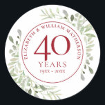 Sticker Rond Soft Watercolour Leaves 40th Anniversary<br><div class="desc">Doté de délicats feuilles d'aquarelle douce,  ce design botanique 40e anniversaire mariage chic peut être personnalisé avec vos informations spéciales quarantième anniversaire dans un élégant texte rouge rubis. Conçu par Thisisnotme©</div>