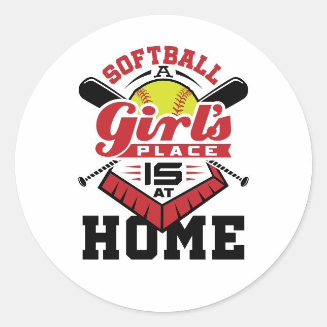 Sticker Rond Softball A Girl's Place Is At Home (Devant)