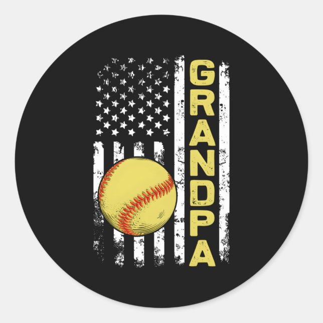 Sticker Rond Softball Grandpa Drapeau américain Softball (Devant)