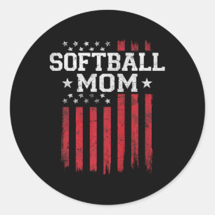 Sticker Rond Softball Mom Fier drapeau américain Usa Patriot Pa