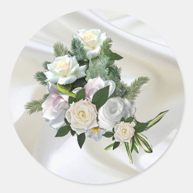 Sticker Rond Soie blanche luxueuse et fluide et roses blanches. (Devant)