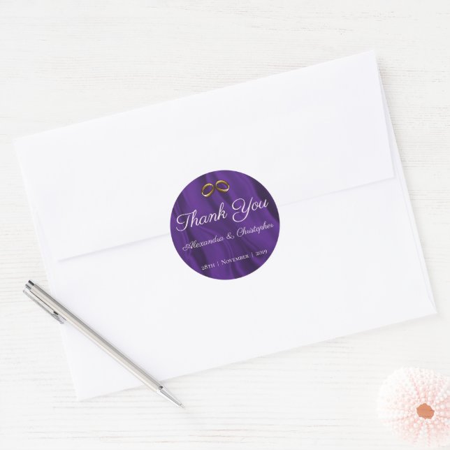 Sticker Rond Soie violette et Merci Mariage or (Enveloppe)