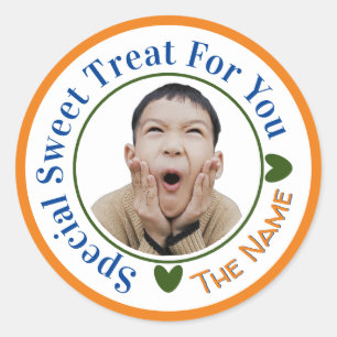 Sticker Rond Soin sucré spécial pour vous Nom photo Orange