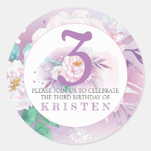 Sticker Rond Soirée d'anniversaire aux fleurs violettes élégant