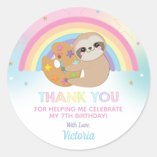 Sticker Rond Soirée d'art jote Sloth Anniversaire Merci Favoris (Devant)