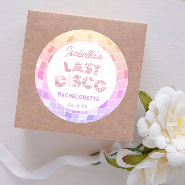Sticker Rond Soirée de Bachelorette boule disco rose rétro 70's (Créateur téléchargé)