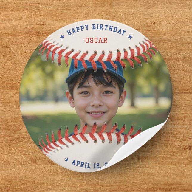 Sticker Rond Soirée de baseball Sport Photo Bonne fête d'annive (Baseball Softball Sport Photo Happy Birthday Party Classic Round Sticker
)