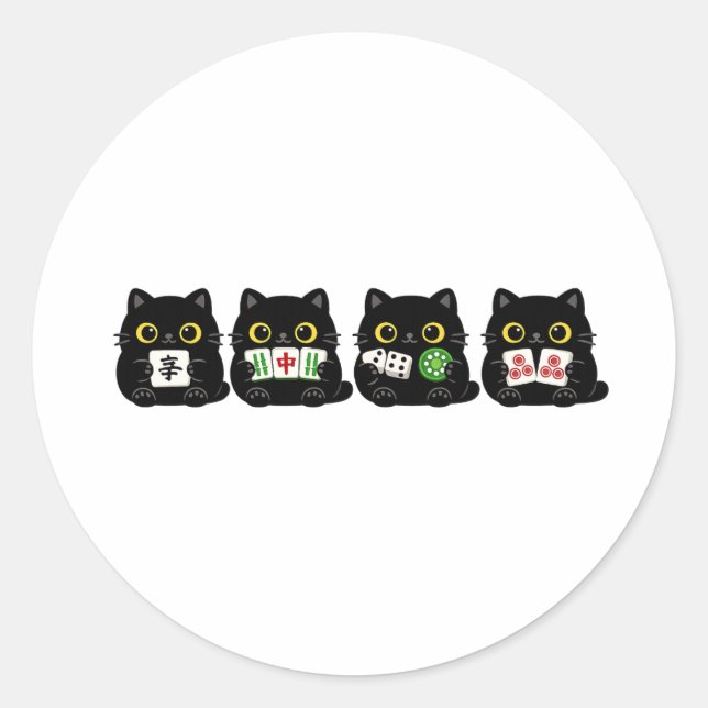 Sticker Rond Soirée de jeu de société drôle , Mahjong Black Cat (Devant)