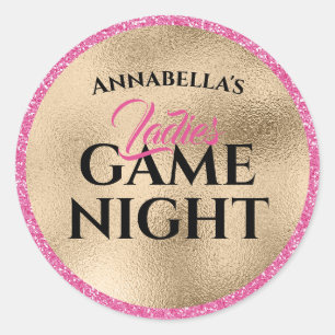 Sticker Rond Soirée de Jeux Dames Paillettes Or et Rose