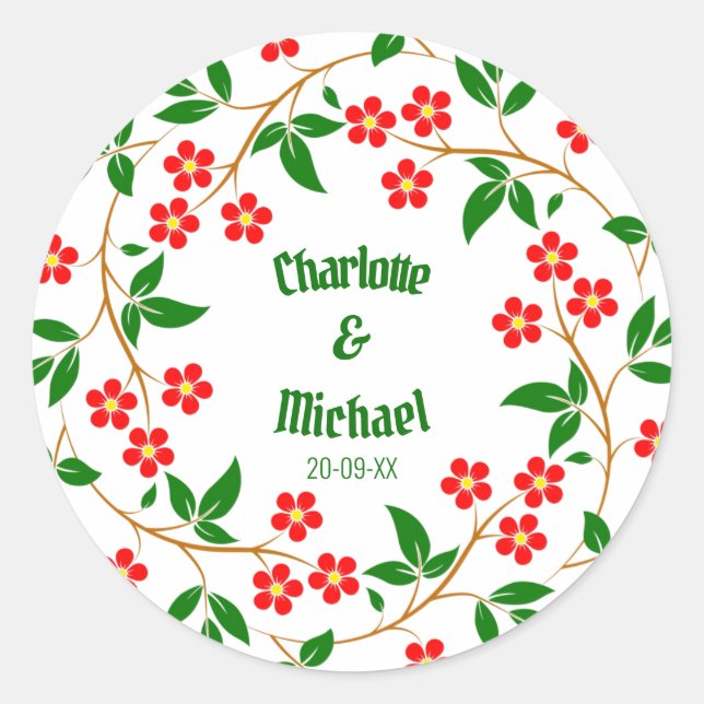 Sticker Rond Soirée de mariage florale de Wreath verte élégante (Devant)