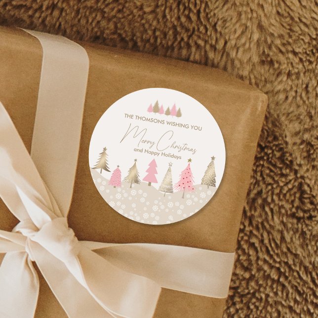 Sticker Rond Soirée d'hiver Elégante Pink Gold Pine Tree (Créateur téléchargé)