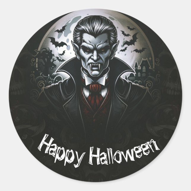 Sticker Rond Soirée Halloween Vampire & Crânes (Devant)