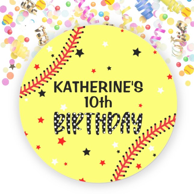 Sticker Rond Soirée pour filles (Girls Softball Birthday Party Classic Round Sticker)