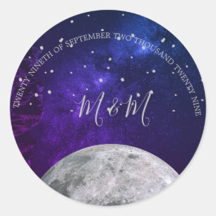 Sticker Rond Soirée Sky Moon Silver Stars Blue Purple Mariage