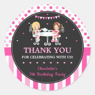 Sticker Rond Soirée Thé Fille Mignonne Anniversaire Merci Favor