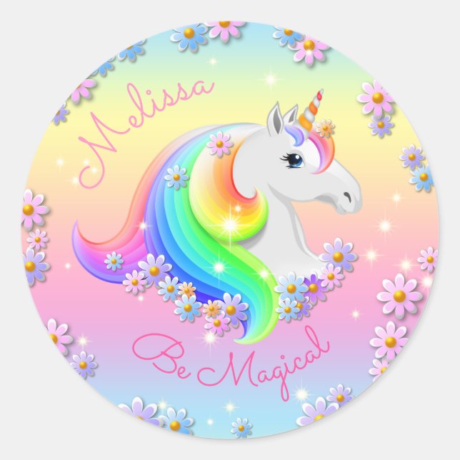 Sticker Rond Sois Magique Unicorn Personnalisée Fête des Filles (Devant)