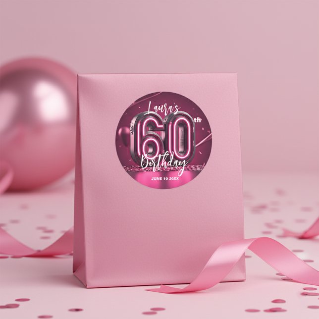 Sticker Rond Soixantième Anniversaire Style Glam Rose Néon Vibr (Créateur téléchargé)