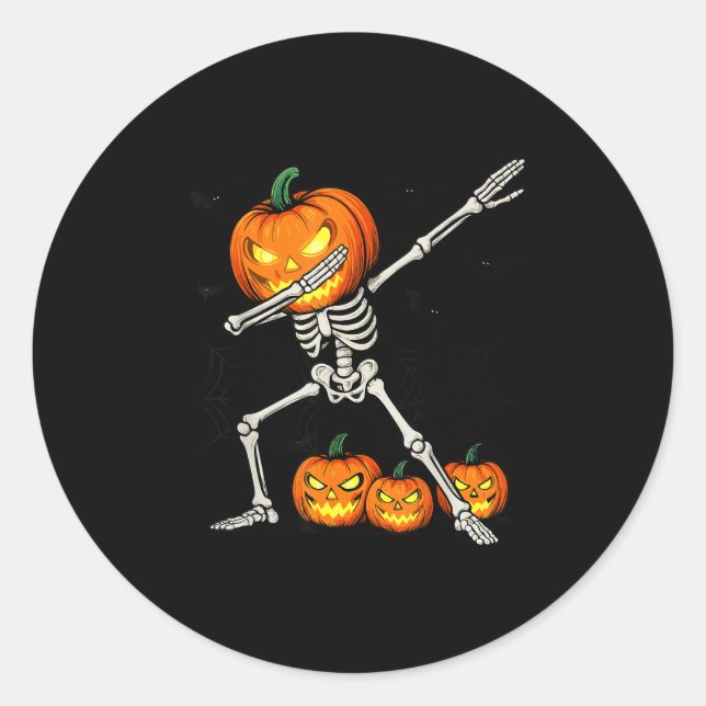 Sticker Rond Soky Dabbing Pumpkin Head Skeleton Halloween Skele (Devant)