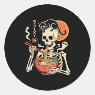 Sticker Rond Soky Skeleton Manger Ramen Bowl Avec Chat Hallowee