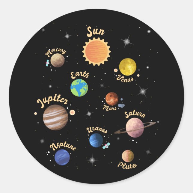 Sticker Rond Solar System Planets Kids Knowledge Outer Space (Devant)
