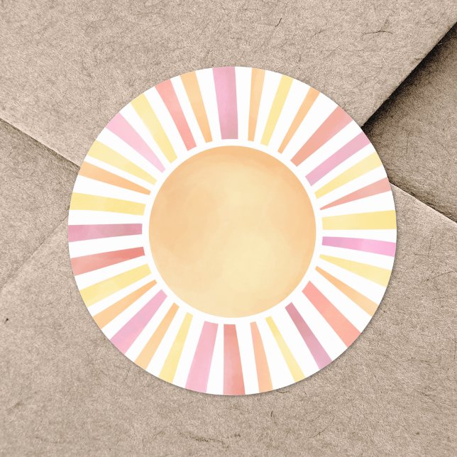 Sticker Rond Soleil Aquarelle Rose Soleil (Sunshine Watercolor Pink Sun Classic Round Sticker)