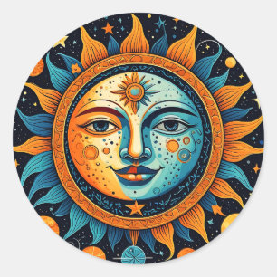 Sticker Rond Soleil Céleste Et Lune