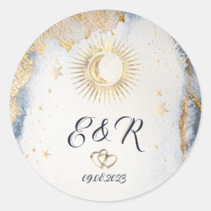 Sticker Rond Soleil d'or céleste, Lune, Étoiles Aquarelle