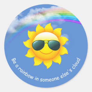 Sticker Rond soleil jaune avec lunettes de soleil et arc-en-cie