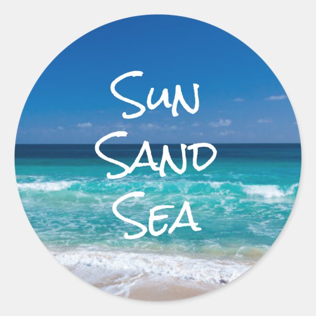 Sticker Rond Soleil Sable Mer Plage Tropicale Eau Turquoise (Devant)